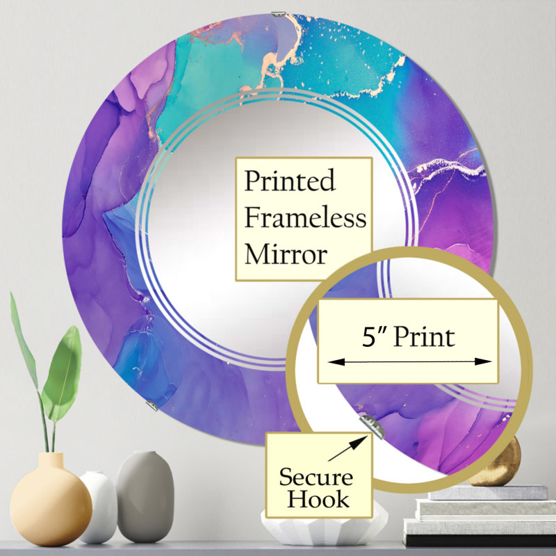 Mauve et bleu liquide Art IV - Miroir mural moderne rond, 24 po x 24 po
