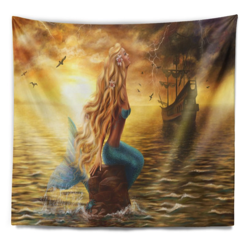 Tapisserie «Seascape Sea Mermaid with Ghost Ship», H 32 po x l 39 po