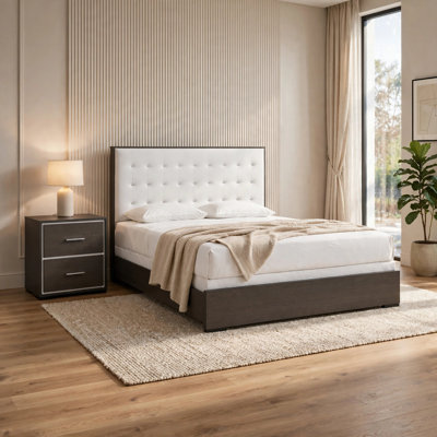 Ensemble de chambre à coucher grand lit, brun foncé, blanc crème, bois argenté, ensemble de 2 pièces avec table de chevet