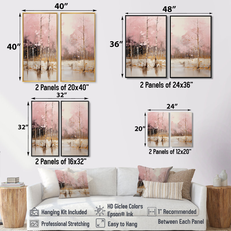 Minimalisme rose et forêt dorée I - art mural traditionnel beige 2 panneaux, H 36 po x l 48 po, Impression encadrée flottante