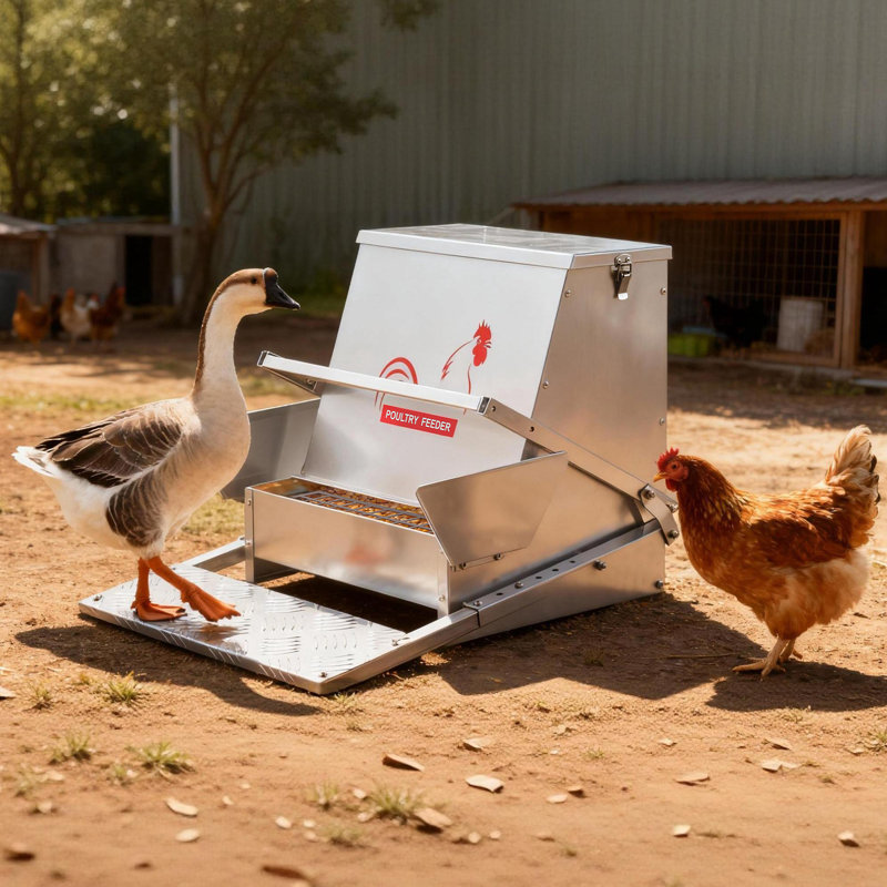 Automatic Chicken Feeder, 40 lbs Capacity, Rainproof Treadle Poultry Feeder with Lockable Lid, No Waste, Galvanized Steel Construction, Outdoor Use, for Chicken, Bantams, Poultry, Pheasants