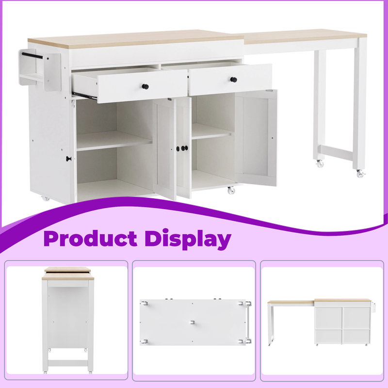 74.5 Inch Extendable Kitchen Island With Dining Table Rolling Storage Cart On Wheels 4-Door Cabinet & 2 Drawers