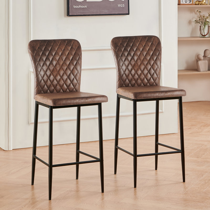 Vintage Suede/Velvet Diamond Pattern Upholstered High Back Bar Stool, Brown Suede