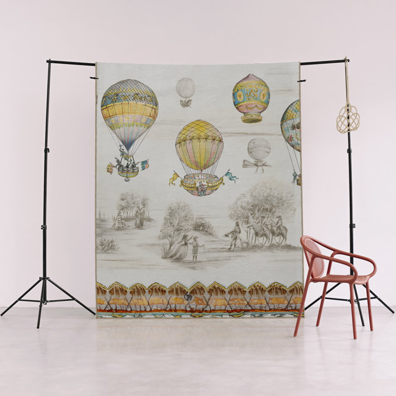 Tapis décoratif à motif de montgolfière, d'arbre et de cavalier jaune-beige, Rectangle 5 pi 1 po x 7 pi 6 po