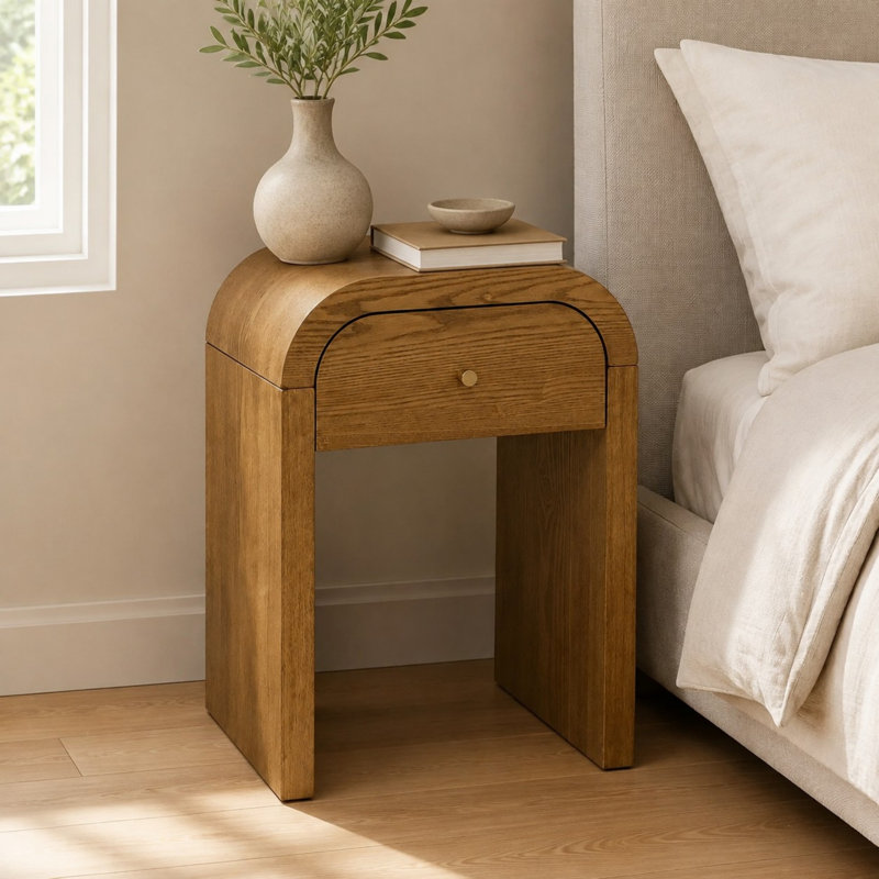 Table de chevet en bois courbé avec tiroir et plateau arrondi, Brun