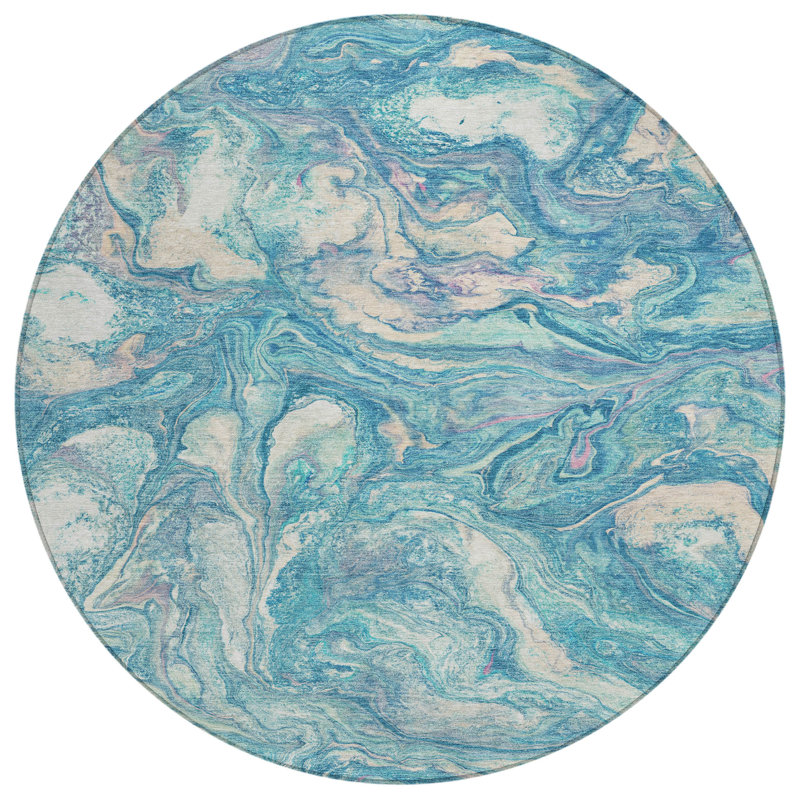 Machine Washable Indoor/Outdoor Xhevrie Teal Rug, Round 8'