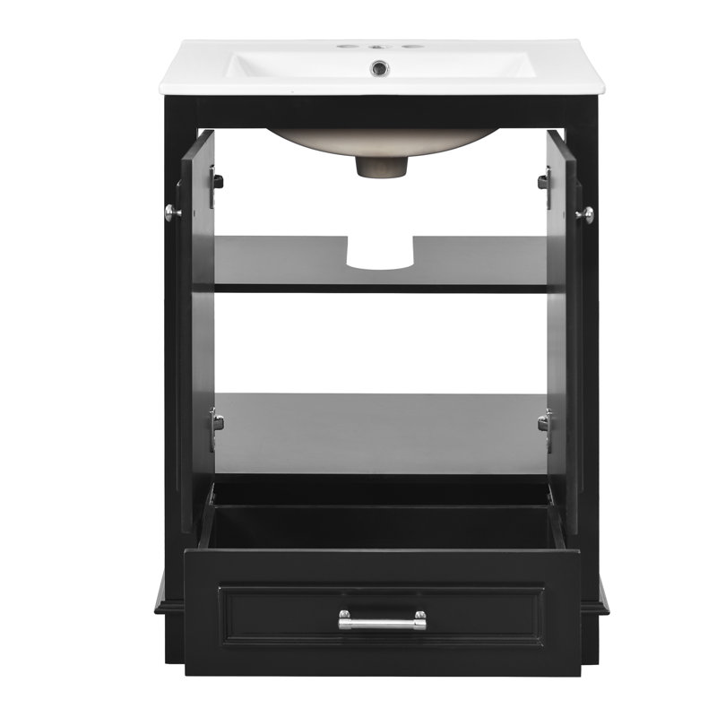 Meuble-lavabo de salle de bain en céramique 24 po - aspect moderne, armoire, tiroirs spacieux, poignées argentées avec solutions de rangement pratiques, poignée et surface lisse