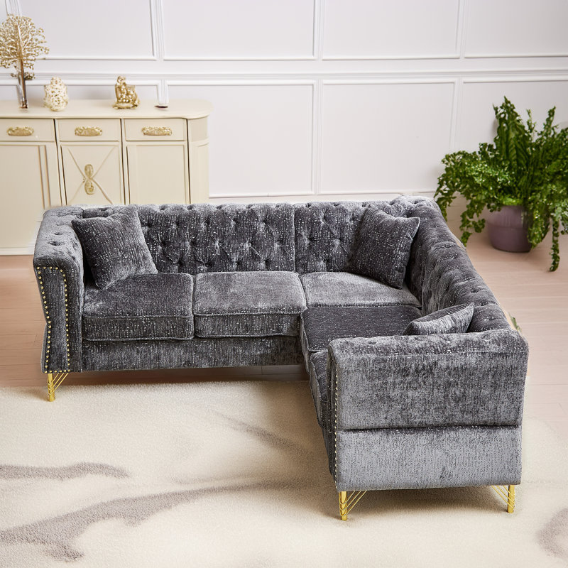 Canapé modulaire en L Chenille de 5 places de 81,5 pouces avec garniture cloutée et coussins en chenille, Gris chenille