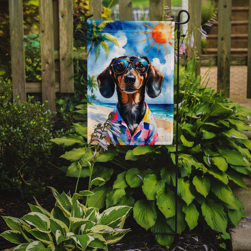 Bouvier bernois avec drapeau de jardin, Teckel