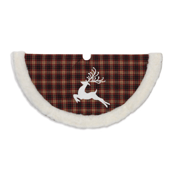 Red and White Faux Fur Plaid Tree Skirt with Reindeer Applique