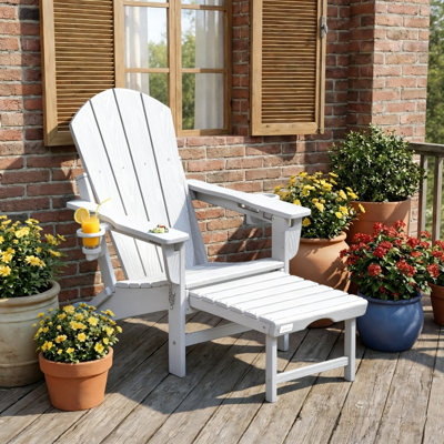 3-Level Adjustable Adirondack Chair with Retractable Ottoman and 2 Cup Holders, Folding All-Weather Outdoor Fire Pit Chair for Deck, Patio, Garden, and Backyard Use, White
