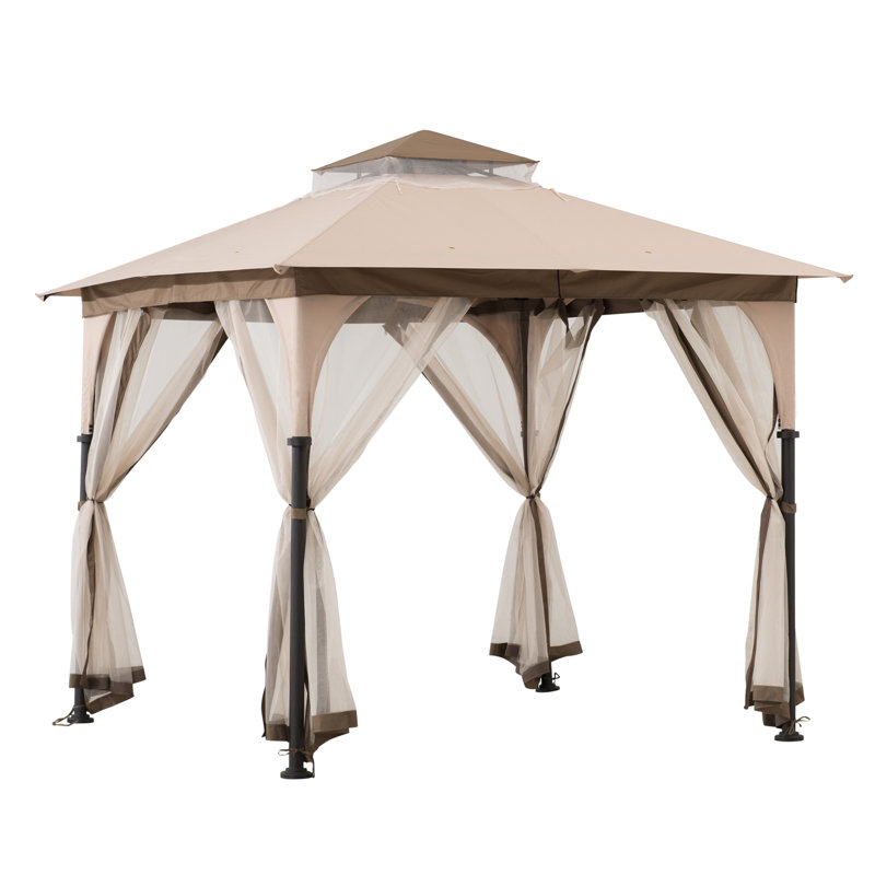 Sunjoy Outdoor Patio 9.5x9.5 Tan 2-Tier Steel Backyard Soft Top Gazebo with Ceiling Hook and Netting, Brown