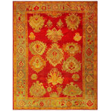 1890s Red Ground Geometric Knotted Wool Antique Oushak Turkish Decorative Rug Round 13'0"