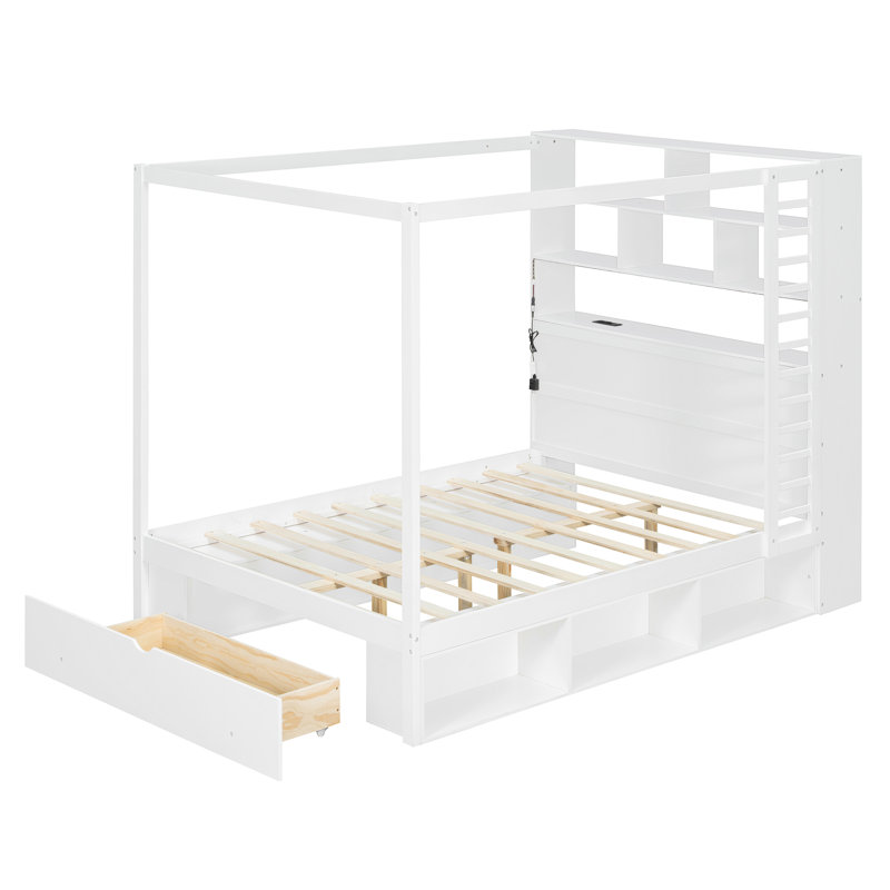 Lit à baldaquin en bois, taille standard, avec tête de lit bibliothèque, prises USB et éclairage DEL RVB intelligent, lit plateforme avec rangement sous le lit, tiroir au pied du lit et garde-robe réversible, blanc