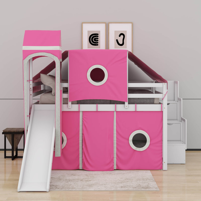 Lit mezzanine double avec tour et tente, Rose