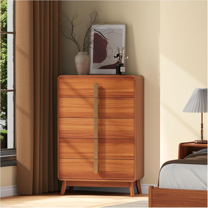 47.2'' Tall Mid Century Modern 5 Drawer Dresser With Metal Handles And Solid Wood Legs, Brown
