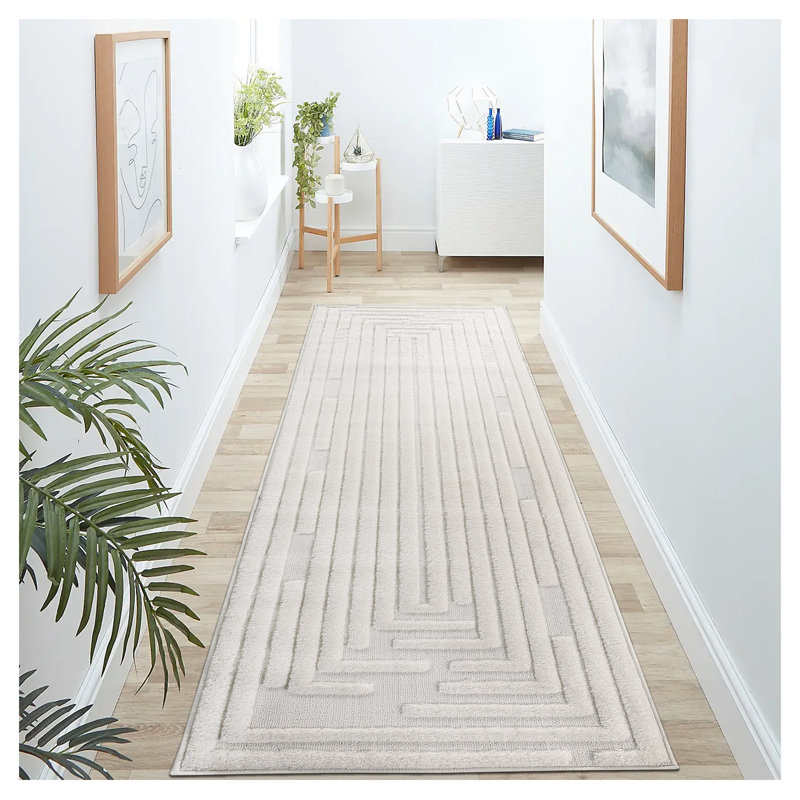 Step Collection High-Low Striped Cream Area Rug - Modern Geometric Living Room Carpet, Runner 2'2" x 8'