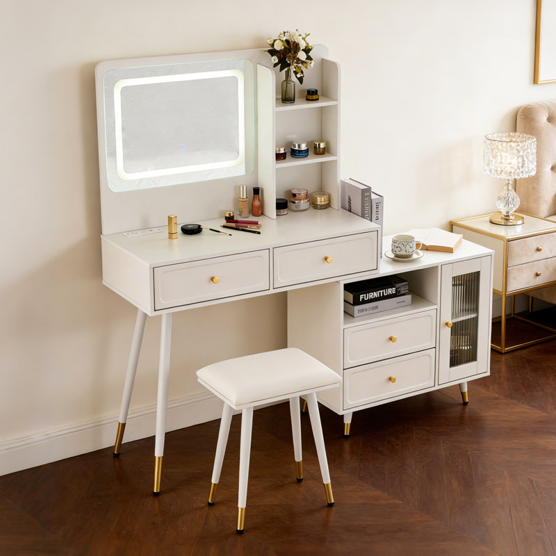 Retractable Makeup Vanity Desk With Mirror And Lights, 2 Drawers, Storage Shelves, Adjustable Cabinet, Power Outlet And A Stool