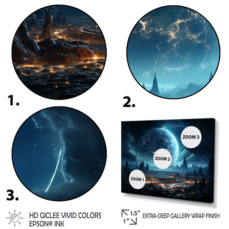 White And Blue Cosmic Space Landscape III - Space Planet Wall Art, Gold Floater Framed, 24" H x 32" W x 1" D