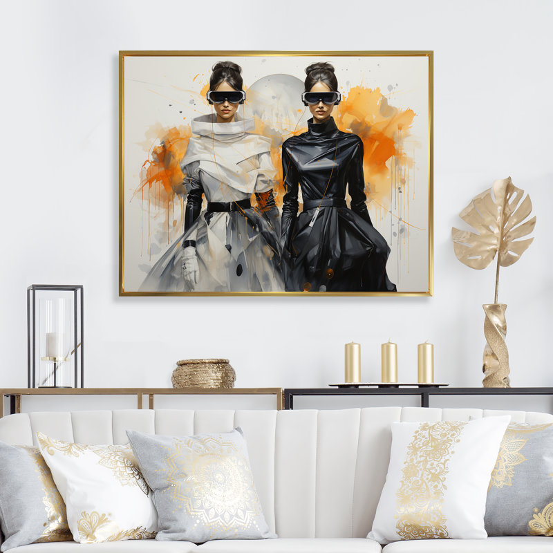 Futuriste mode jaune et noir - art mural Dior, Cadre flottant doré, H 30 po x l 40 po x P 1,5 po