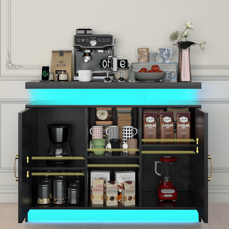 LED Lights Coffee Bar Cabinet with Storage, Sideboard Buffet Cabinet with Charging Station, Black