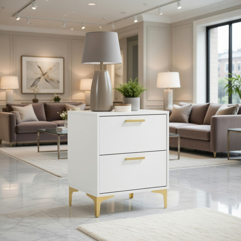 White And Gold 2-Drawer Rectangular Nightstand, White