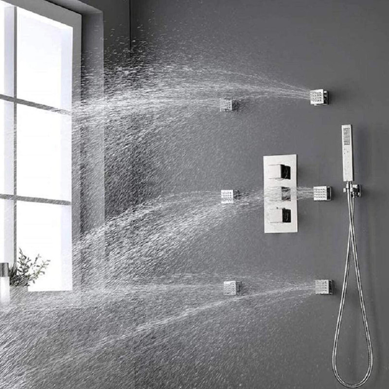 Ensemble robinet de douche thermostatique en nickel brossé de 16 po x 32 po avec pommeau de douche à effet pluie et système de massage à DEL