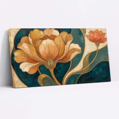 Grande toile murale en forme de fleur orange avec motif turquoise et or