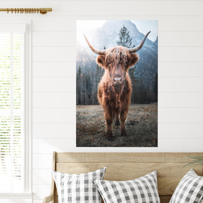 Farmhouse Inspired Large Glass Wall Art Featuring a Highland Cow for a Modern Loft-Style Home Decor