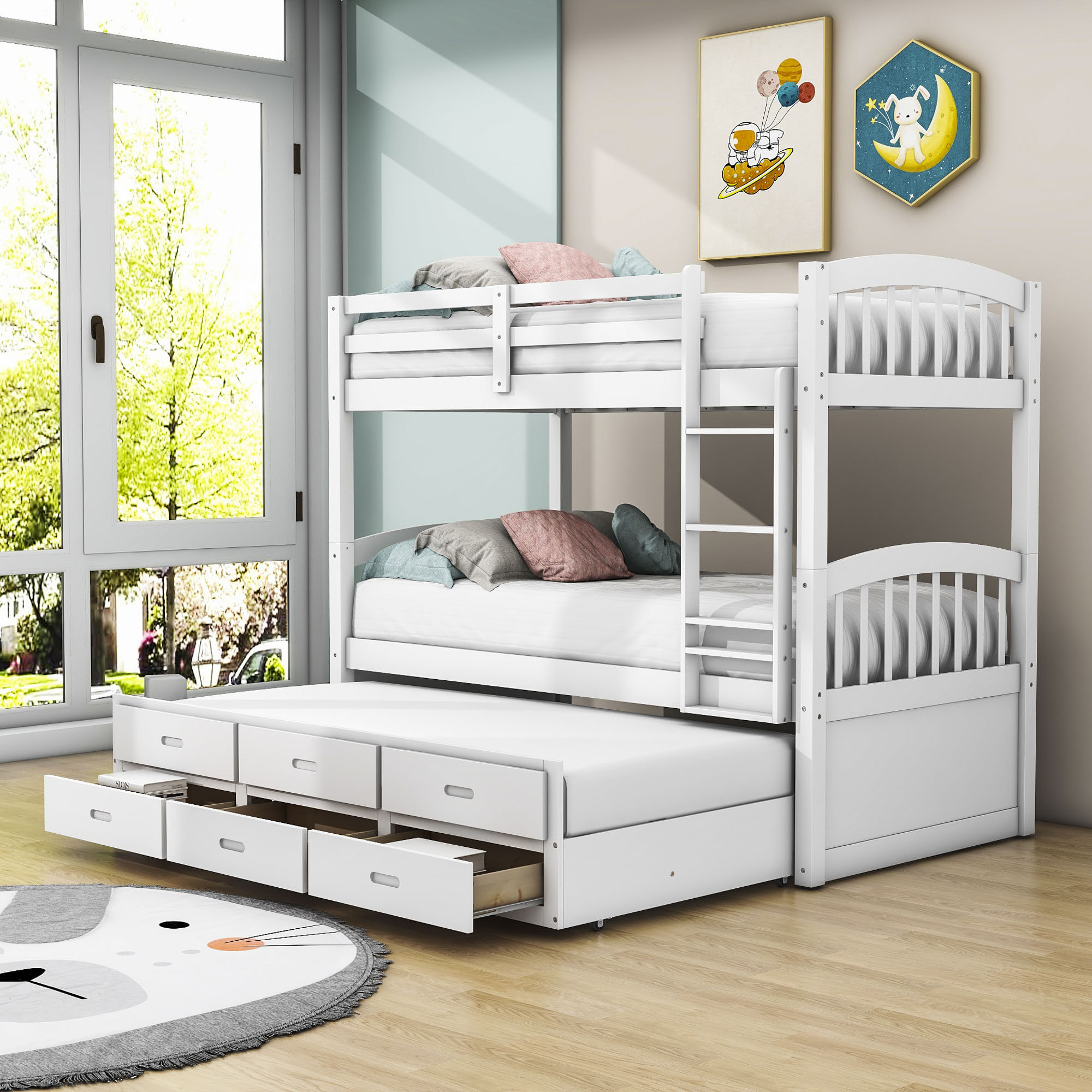 Twin over twin bunk bed with trundle and store drawers