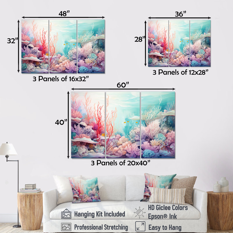 Underwater Coral Symphony II - Coastal Coral Under Water, impression d'art mural, Toile tendue, H 28 po x l 36 po x P 1 po