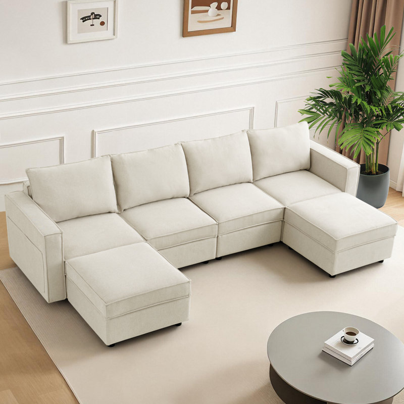 Canapé modulaire de 114 po avec rangement, canapé en U pour salon, Beige
