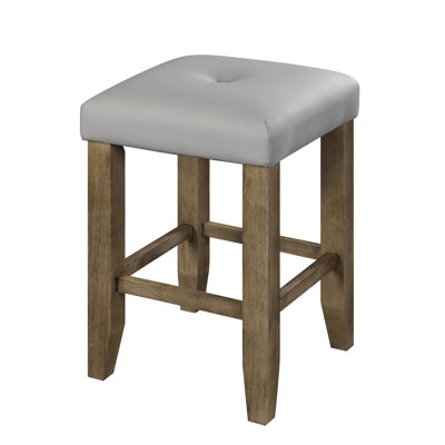 Counter Height Stool Of 2 In Gray Synthetic Leather With Oak Finish, Button Padded Seat, Storage Base, Tapered Legs, 60Mm Thick Cushion, D22 Foam, 100Lbs Capacity, 16" Seat Dimensions, 25" & Finish