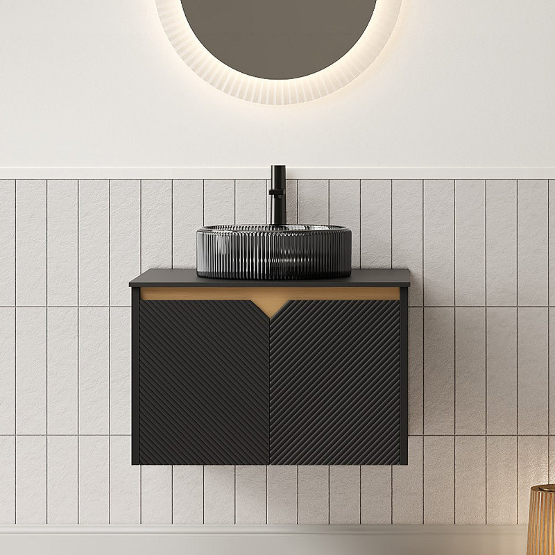 Meuble-lavabo 24 po, meuble de rangement mural en contreplaqué flottant, portes doubles en sergé avec garniture en métal, lavabo en verre rond et plateau en pierre frittée