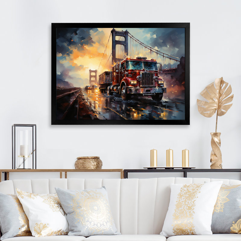 Camion de pompier en action - art mural grand pompier, Cadre simple noir, H 12 po x l 20 po x P 1 po