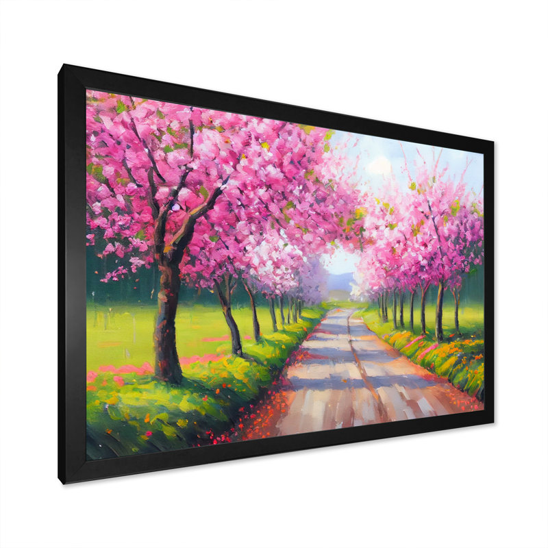 «Countryroad with Pink Blossoming Cherryflowers», reproduction sur toile, Cadre photo noir, L 32 po x H 16 po