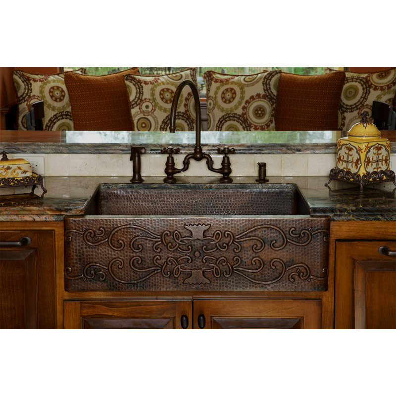 33" Hammered Copper Apron Front Single Basin Kitchen Sink w/ Scroll Design