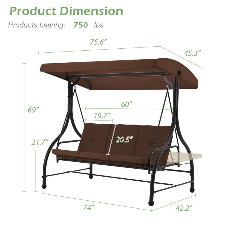 3 Person Porch Swing with Canopy, Brown