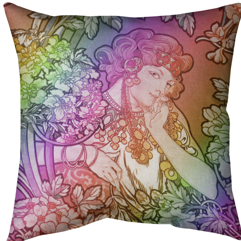 Coussin Alfons Mucha, 20 po x 20 po, Arc-en-ciel, Polyester filé