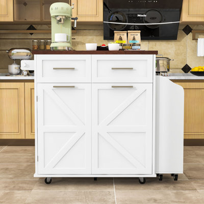 Rolling Kitchen Island with Drop Leaf, Tilt Trash Cabinet, Adjustable Shelves and Removable Side Rack by Gracie Oaks