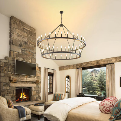 Bring Light To Life – 57 Inch Black Wagon Wheel Chandelier, 2 Tier 48-Lights Farmhouse Dining Room Light Fixture, Extra Large Foyer Chandeliers For High Ceilings & Staircases