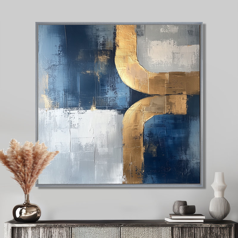 Nyklaus géométrique or bleu et gris Pure Form II - art géométrique abstrait, H 16 po x l 16 po, Impression encadrée flottante