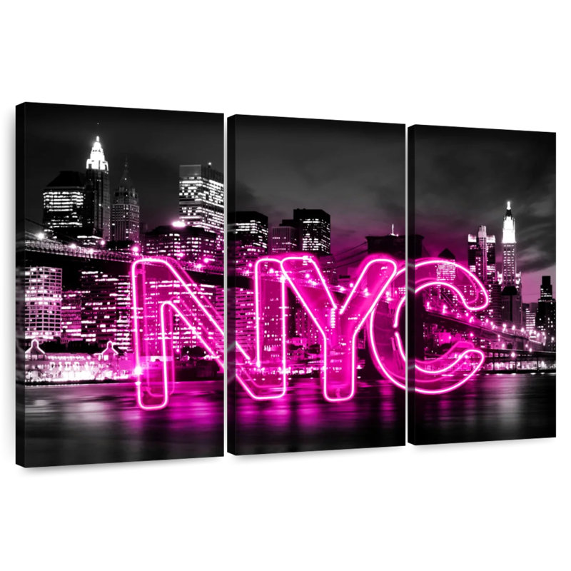 Sirci néon de New York, rose sur fond noir, H 36 po x l 57 po