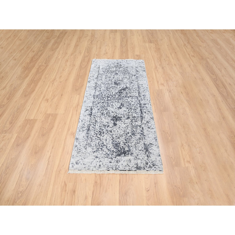 Tapis de couloir oriental en laine et soie pure noué à la main 2 pi 6 po x 6 pi gris foncé