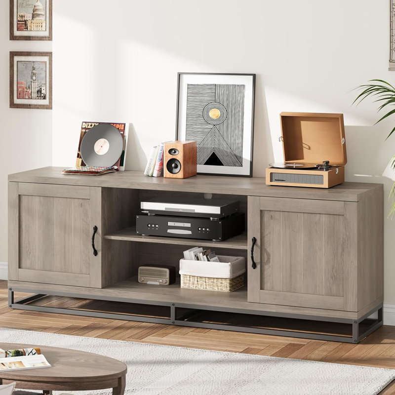 Farmhouse TV Stand with 2-Tier Adjustable Shelves, Wooden Entertainment Center with Storage Compartments, Gray, Gray