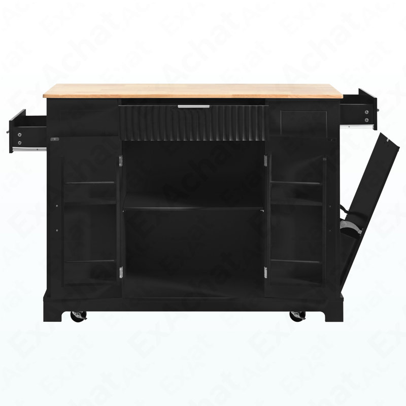 Fluted Kitchen Island With Trash Can Storage Cabinet, Power Outlet, Internal Storage Rack, Rolling Kitchen Islands On 5 Wheels With 3 Drawer, 3 Open Side Racks For 10 Gallon Garbage Bin, Black