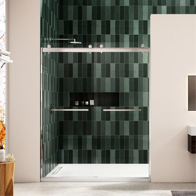 Porte de douche à dérivation en nickel brossé - verre trempé de 5/16 po, durable, coulissant avec fonction de collision trempée,