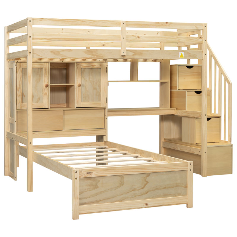 L-Shape Bunk Bed With Desk and Storage System, Natural