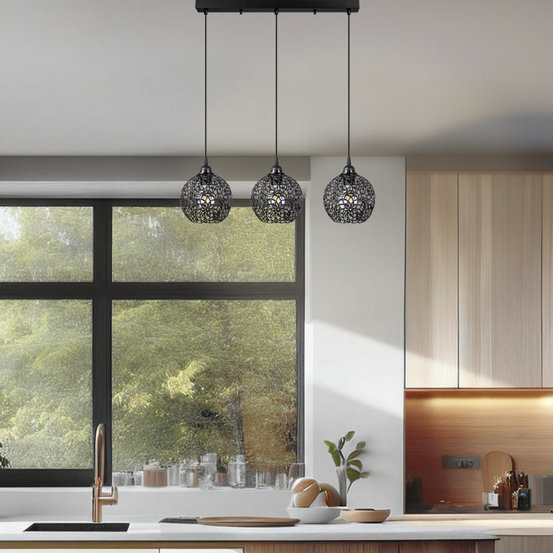 Luminaire suspendu pour îlot de cuisine 3 lumières à hauteur réglable avec capuchon en métal