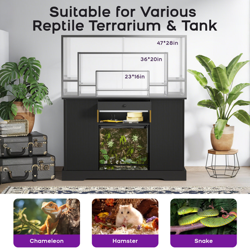 Support pour reptile L 48 po x P 24 po, meuble-lavabo de 40 à 120 gallons, espace de rangement noir pour terrarium, avec plateau coulissant, tablette ouverte, porte double